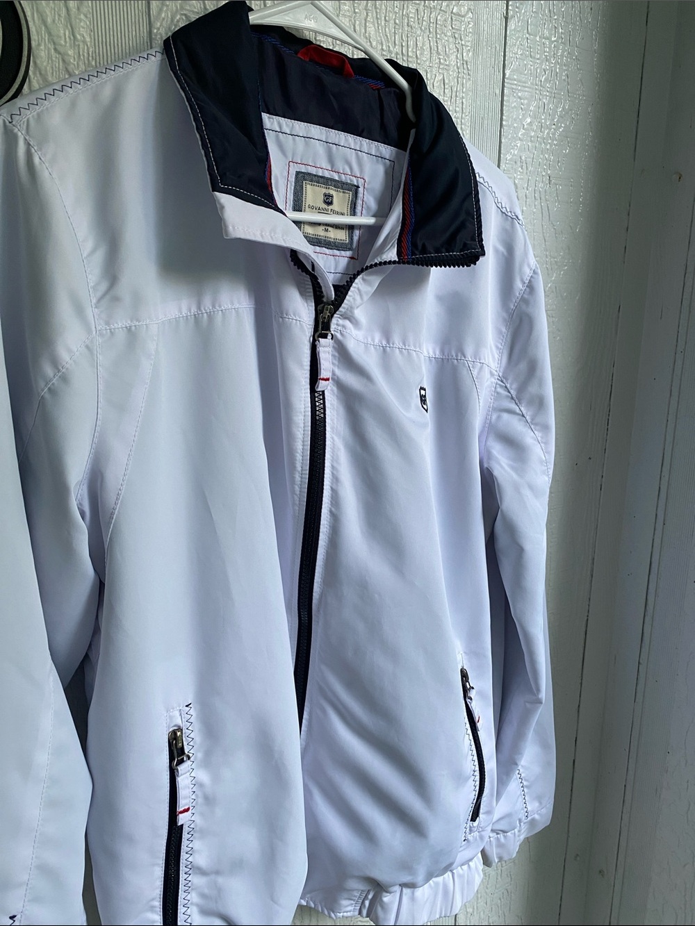 Giovanni Ferrini White Vintage Windbreaker with Navy Collar & Trim Size Medium